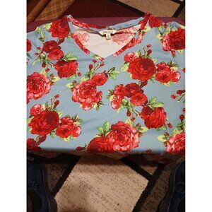 The Pioneer Woman Shirt Womens 2XL BLUE Red Floral Rose V Neck Tunic Top